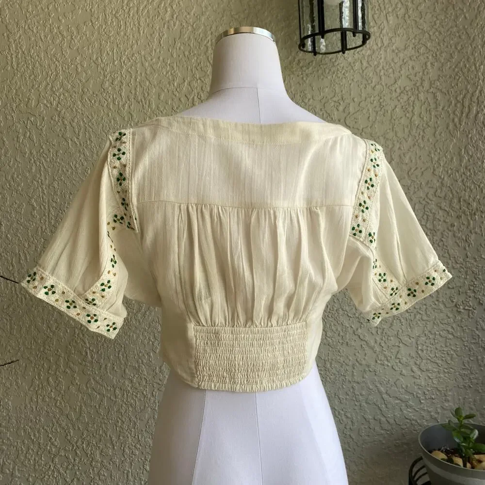 Free People Crop Blouse Button Front Flare Sleeve Ruched Back Boatneck Beige XS